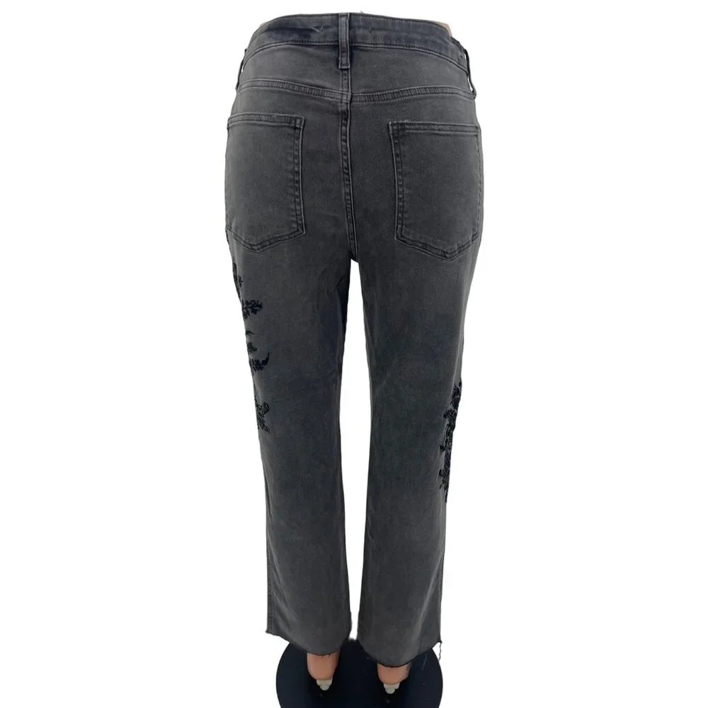 NWOT Free People Gray Embroidered High-Rise Straight Leg Girlfriend Jeans | Boho - Picture 12 of 15